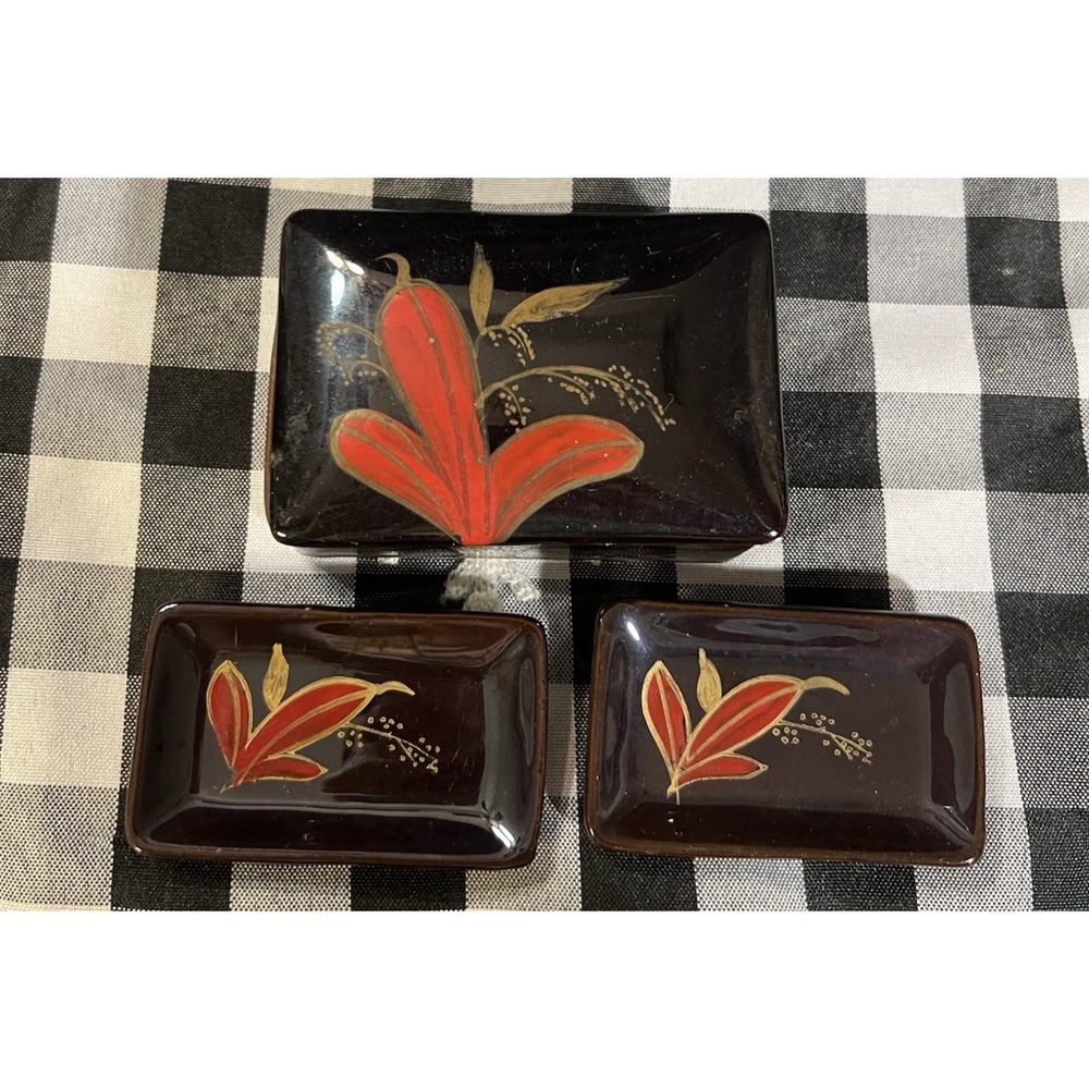 VTG Japanese Brown Red & Gold Floral‎ Soy Sauce Dish Set (2266)